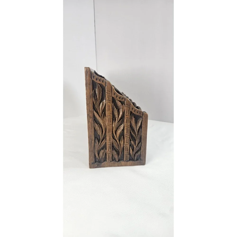 Vintage LERNER Carved Faux Wood Letter Holder Mail Organizer Desk Storage Caddy